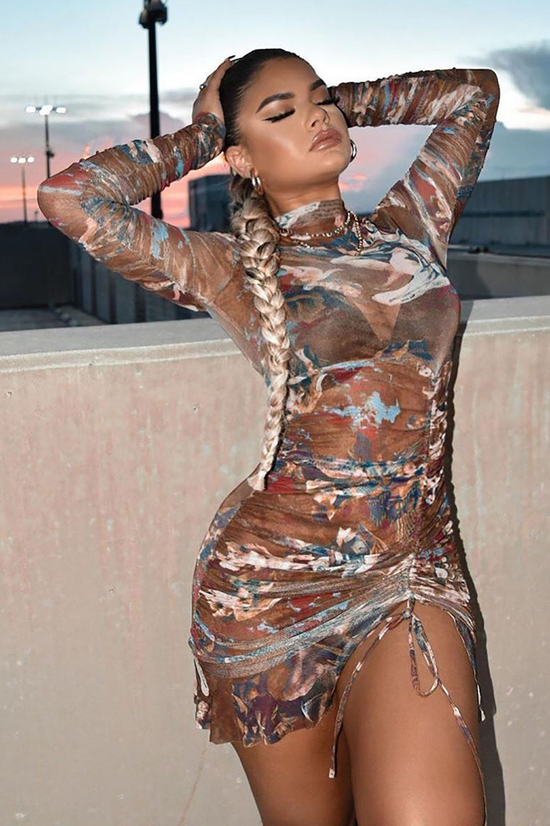 Angelic Moments Ruched Mini Dress - Brown/combo Angelic Moments Ruched Mini Dress - Brown/combo - Image 1