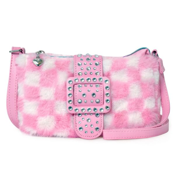 Mini Checker Girl Faux Fur Crossbody Purse - Pink/combo
